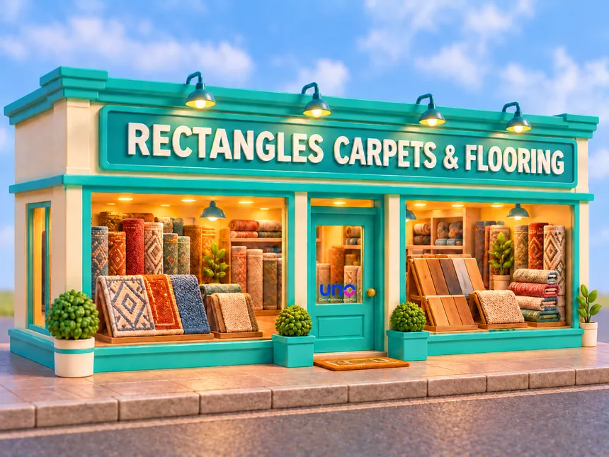 A modelled clay shopfront signed Rectangles Carpets & Flooring, its windows stocked with carpet rolls, rugs, and wooden flooring samples.