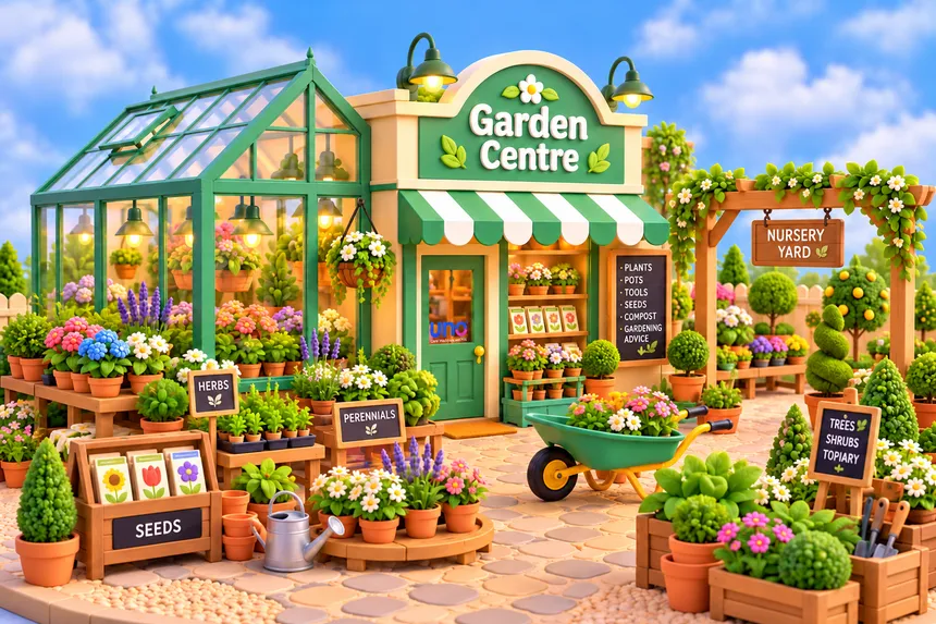 A modelled clay garden centre, its greenhouses and paths lined with flowers, shrubs, and trees, with The Potting Shed Café off to one side.
