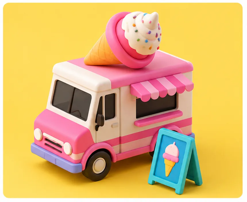 A modelled clay ice cream van in pink and cream, an oversized ice cream cone on its roof and a small menu board leaning against it, on a yellow backdrop