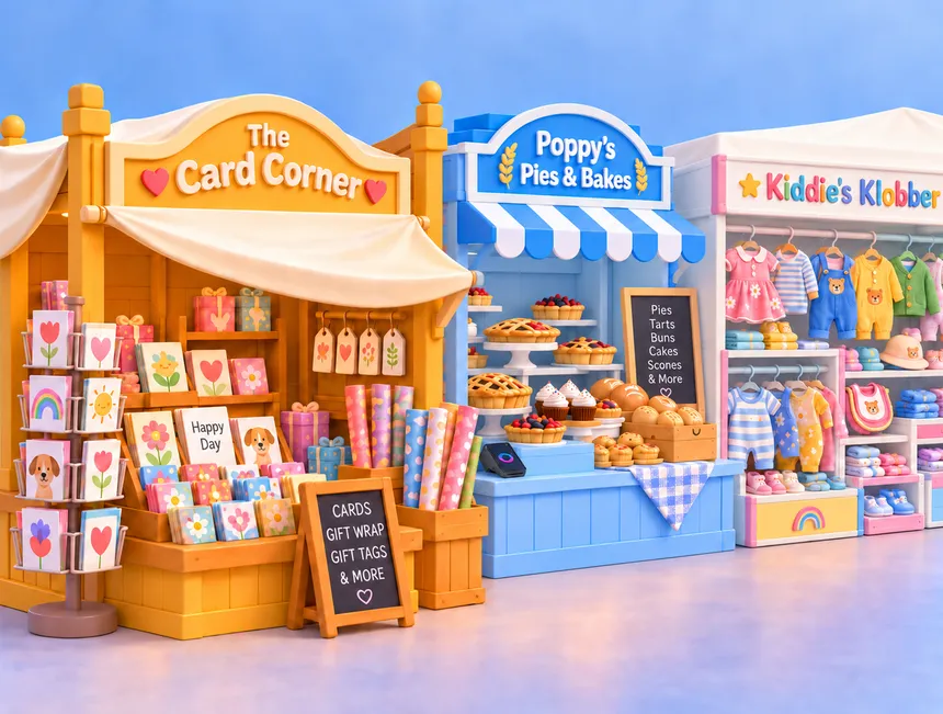 Three modelled clay market stalls side by side: The Card Corner with greeting cards and gift wrap, Poppy’s Pies & Bakes, and Kiddie’s Klobber with children’s clothes.